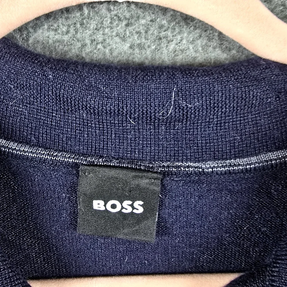 Hugo Boss Knit Polo Sweater Men L Virgin Wool Navy Blue 100%‎ Wool 50298478